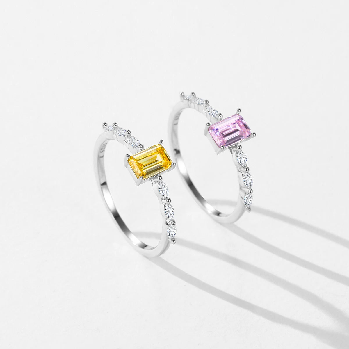 Exquisite Emerald-Cut Pink or Yellow Zirconia Ring in Pure 925 Sterling Silver