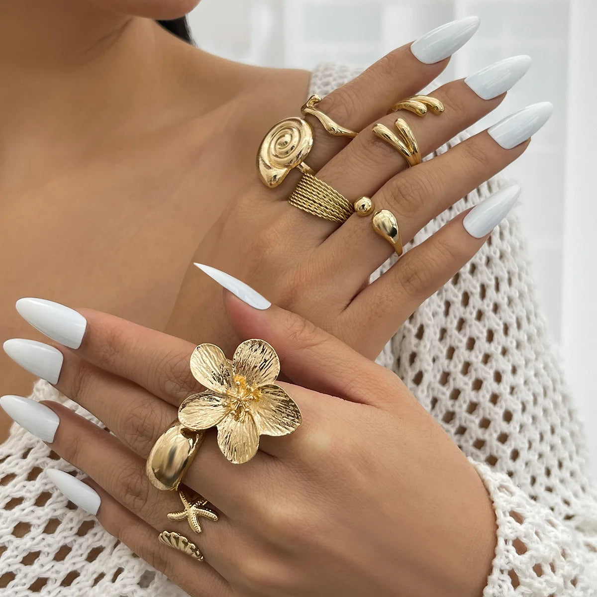 Bohemian Gold & Silver Starfish Flower Knuckle 8 Rings – Vintage Beach Style Set