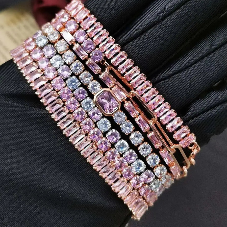 Platinum Pink Crystal Tennis Bracelet – Adjustable Zirconia Chain