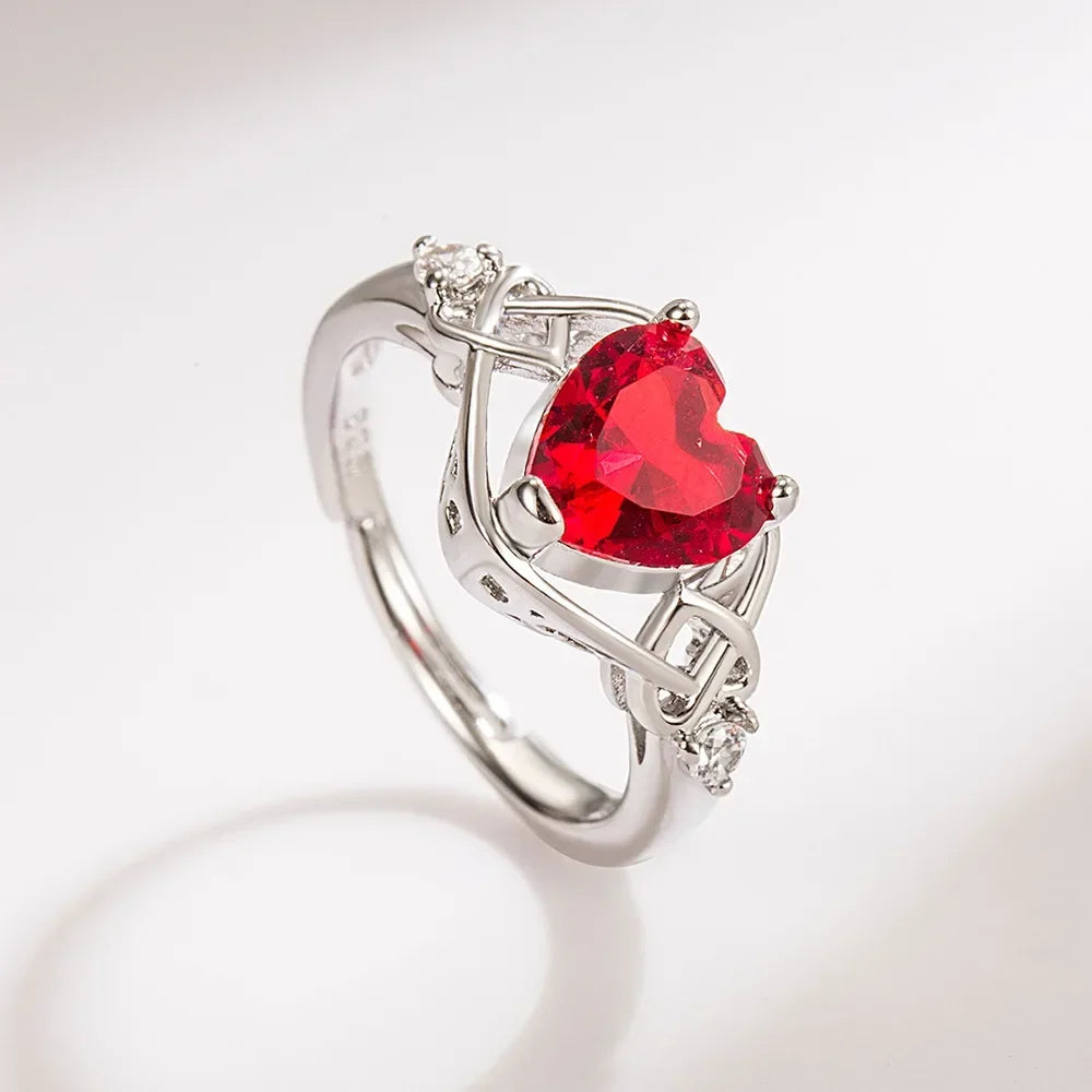 Red Heart Zircon Jewelry Set – Elegant Silver Ring, Earrings & Necklace