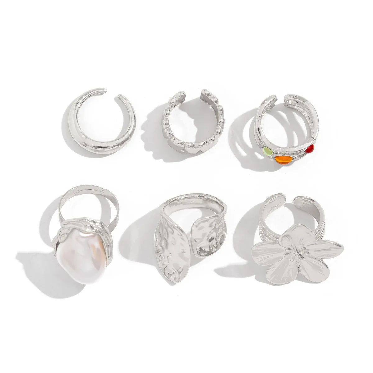 Vintage Baroque Pearl & Flower Ring Set – Gold & Silver Geometric Knuckle and Joint Rings