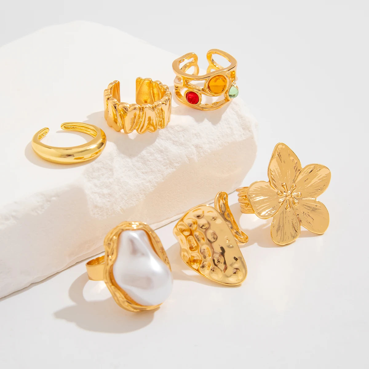 Elegant Baroque Pearl & Metal Flower Ring – Irregular Open Design Statement