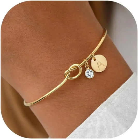 14K Gold Plated Birthstone Initial Bracelet – Elegant Love Knot Cuff for Women