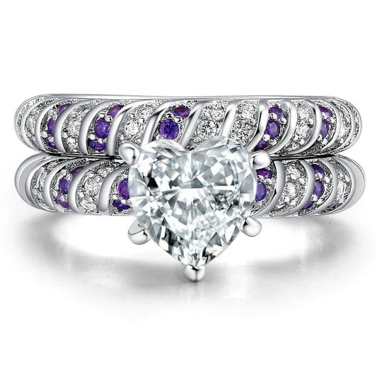 Silver Heart-Shaped Ring Set – 2 Pieces with Cubic Zirconia