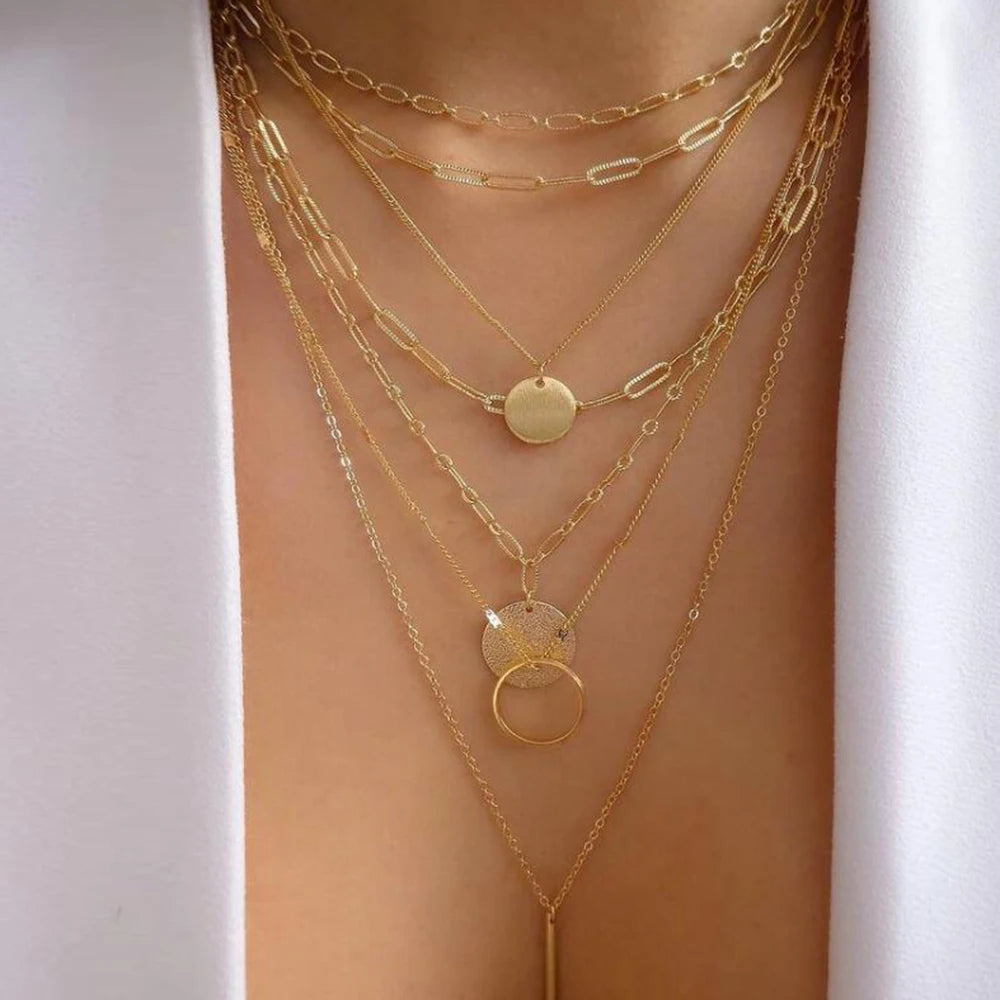 Vintage Gold Stacking Necklace – Multi-Layer Crystal Pendants