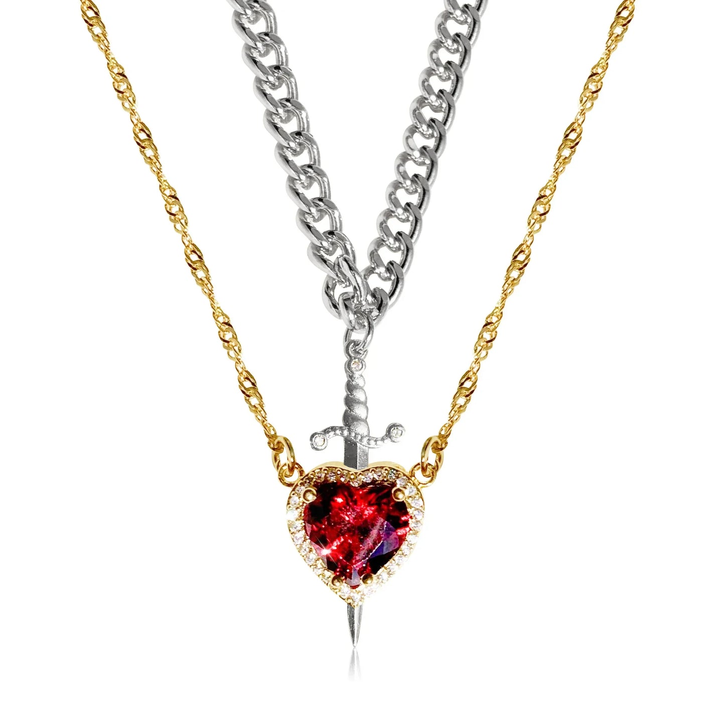 Heart & Sword Couple Necklace Set – 18K Gold Plated Stainless Steel Jewelry with Zircon Crystals