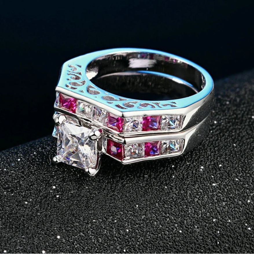 Luxury Square Pink CZ Ring Set – 2-Piece Silver-Tone Cocktail Rings
