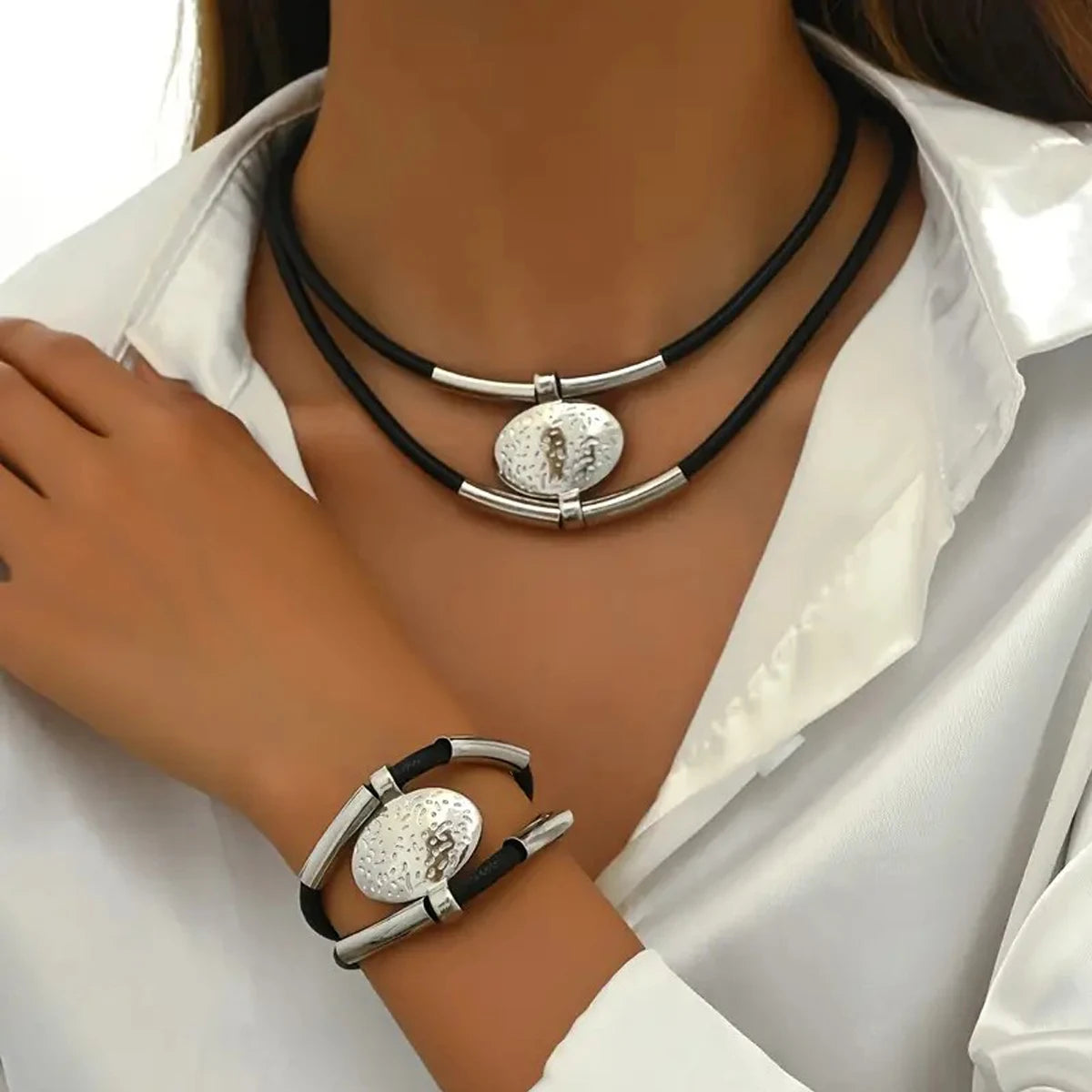 The Verona Set – Vintage Oval Chain & Faux Leather Necklace & Bracelet Duo