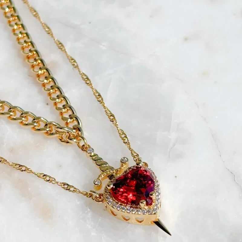 Heart & Sword Couple Necklace Set – 18K Gold Plated Stainless Steel Jewelry with Zircon Crystals