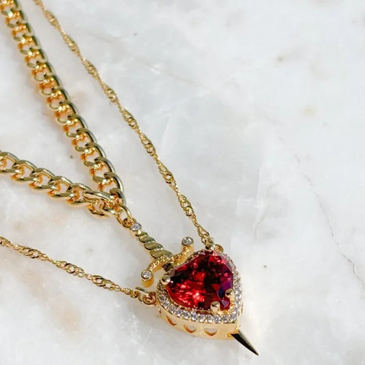 Heart & Sword Couple Necklace Set – 18K Gold Plated Stainless Steel Jewelry with Zircon Crystals