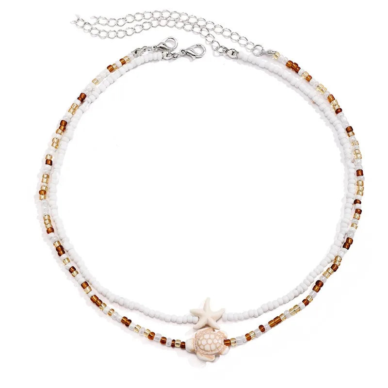 Tidepool Starfish & Turtle Beaded Choker – Adjustable Surf Necklace, Ocean-Inspired Design