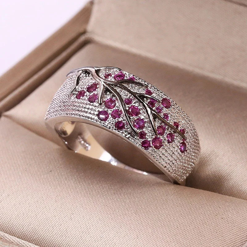 Luxury Plum Blossom Branch Ring – Silver Color with Cubic Zirconia Stones