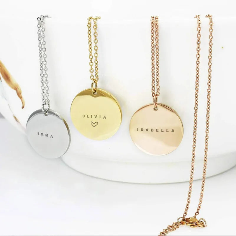 Custom Engraved Name Necklace – Personalized Stainless Steel Disc Pendant