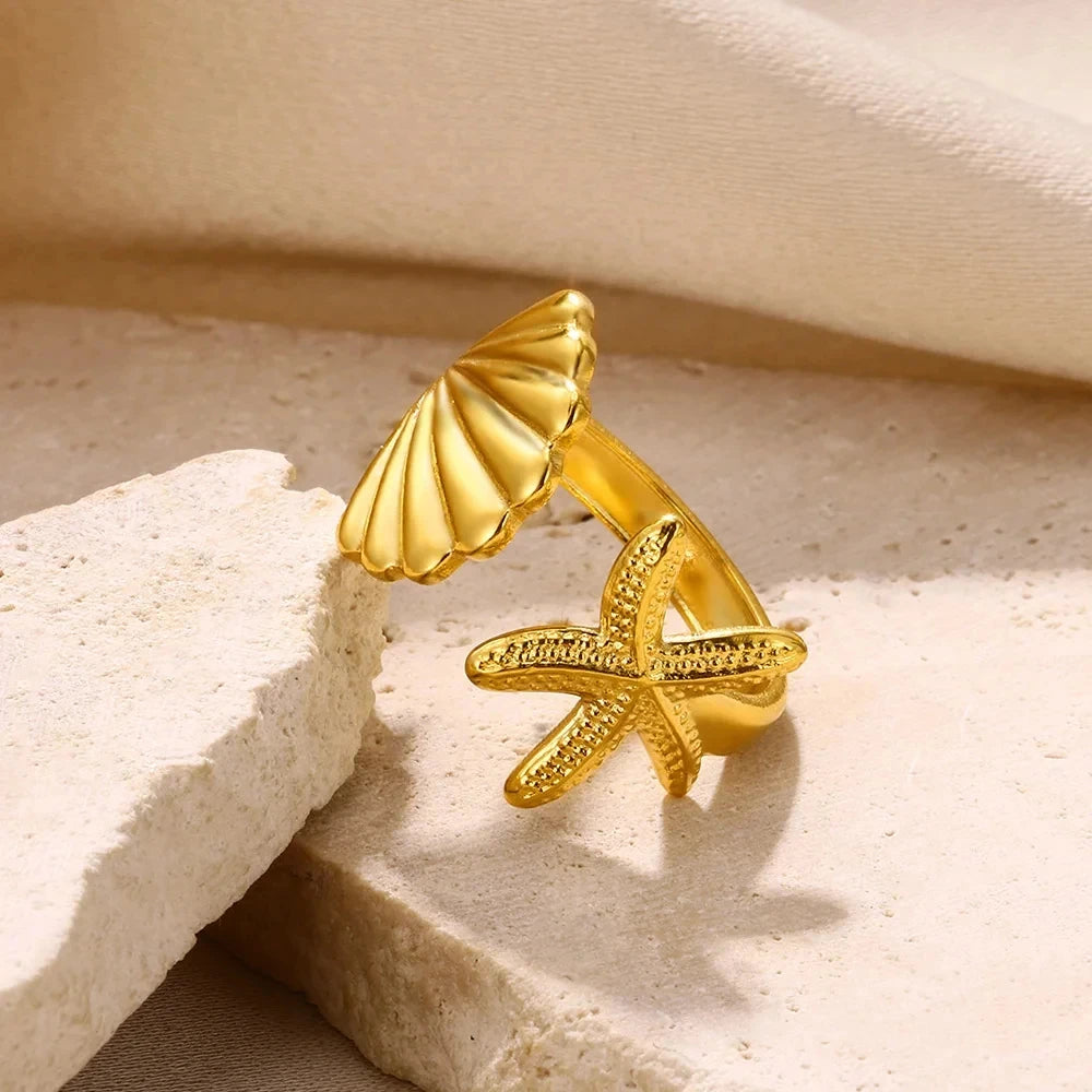 Stella Nova Rings – Adjustable Gold-Tone Stainless Steel with Star & Shell