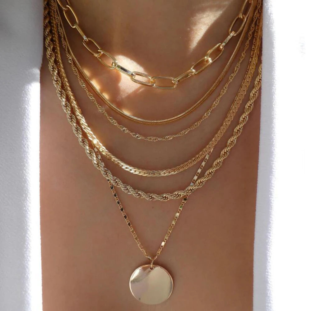 Vintage Gold Stacking Necklace – Multi-Layer Crystal Pendants