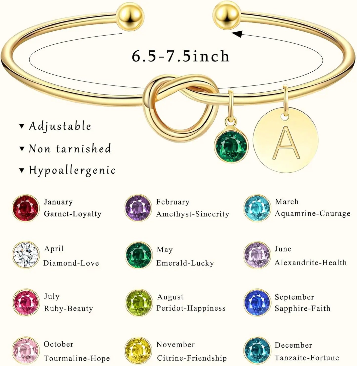 14K Gold Plated Birthstone Initial Bracelet – Elegant Love Knot Cuff for Women