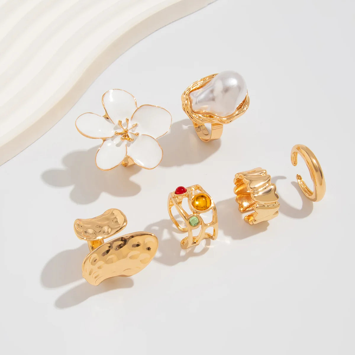 Vintage Baroque Pearl & Flower Ring Set – Gold & Silver Geometric Knuckle and Joint Rings