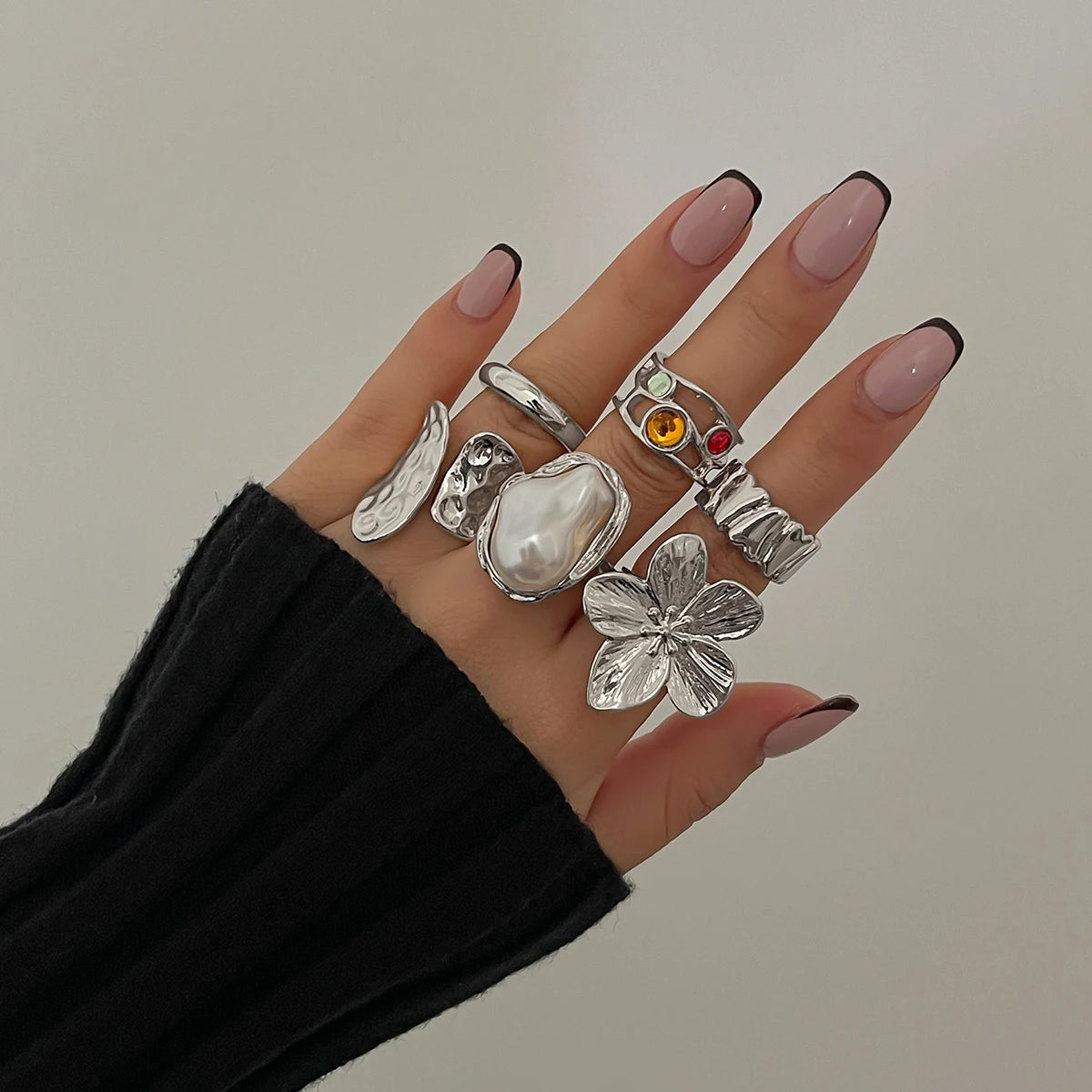 Elegant Baroque Pearl & Metal Flower Ring – Irregular Open Design Statement