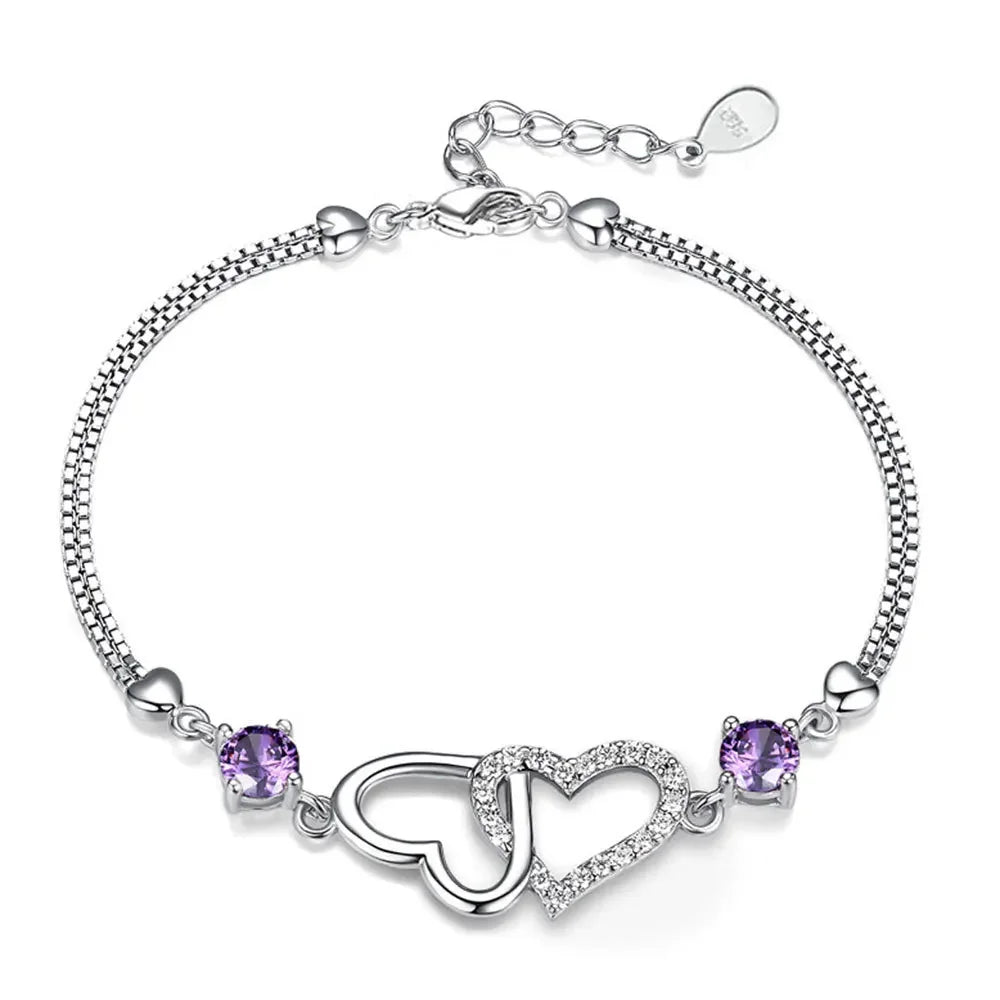 Sterling Silver Heart Charm Bracelet – Inlaid with Natural Amethyst & Zircon