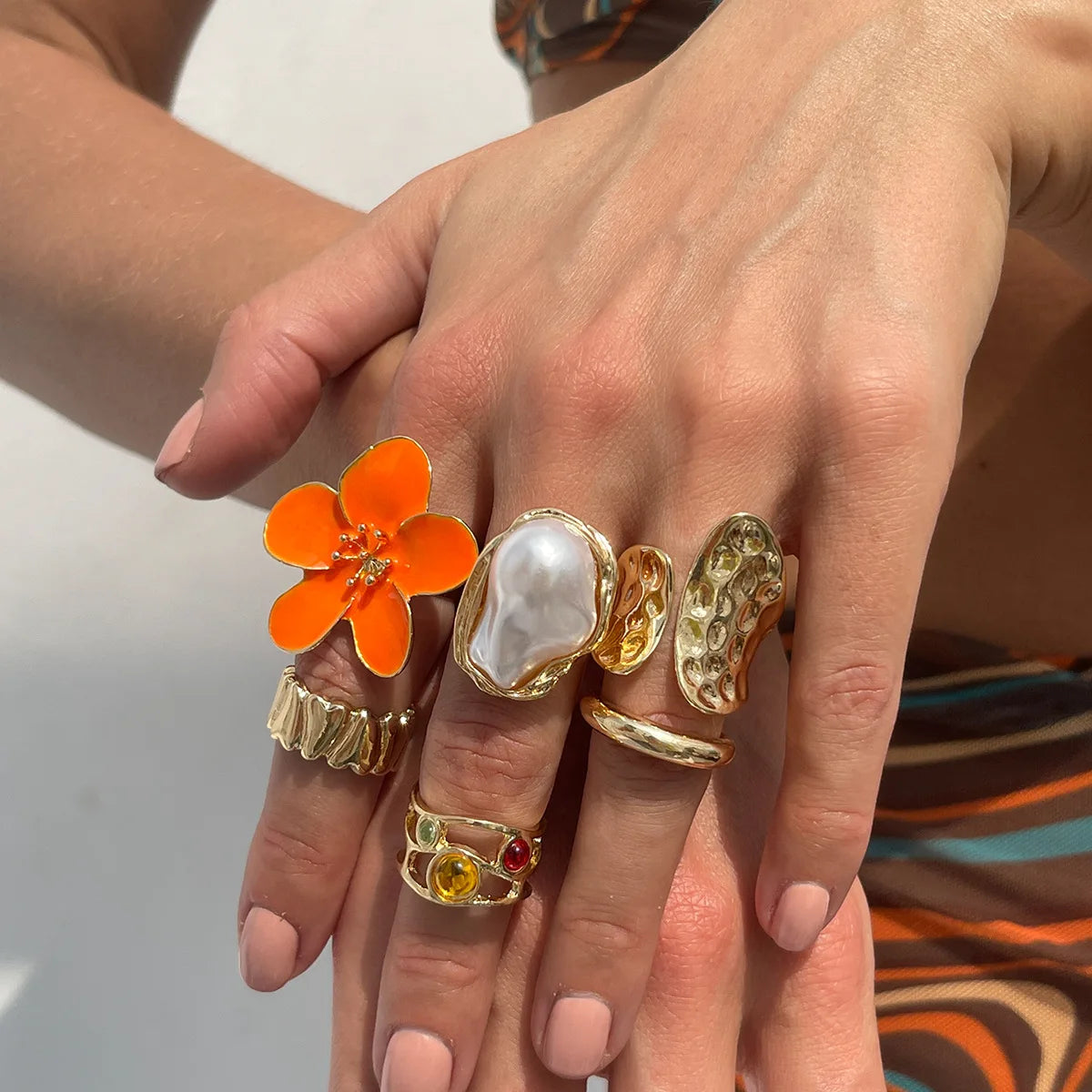 Vintage Baroque Pearl & Flower Ring Set – Gold & Silver Geometric Knuckle and Joint Rings