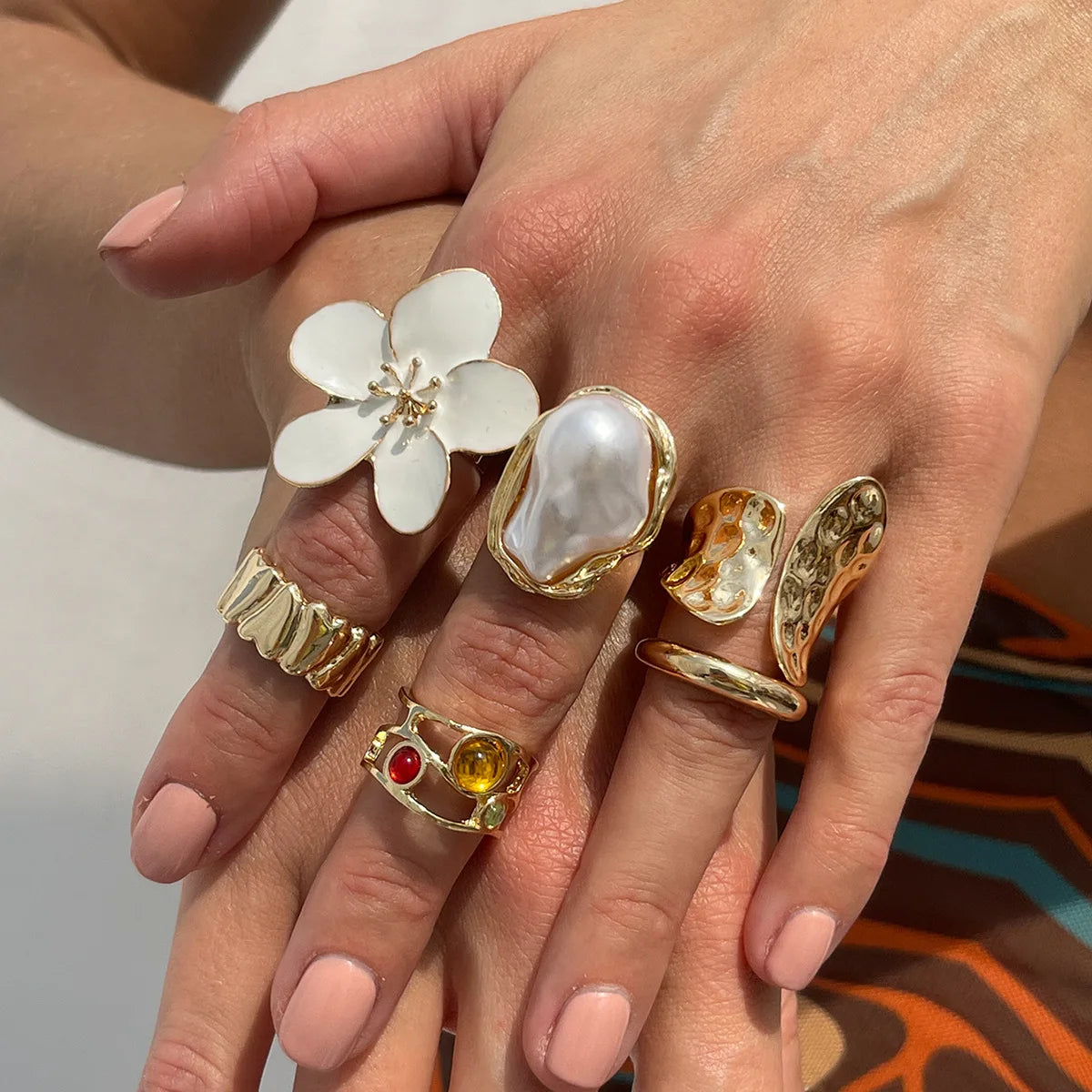 Vintage Baroque Pearl & Flower Ring Set – Gold & Silver Geometric Knuckle and Joint Rings