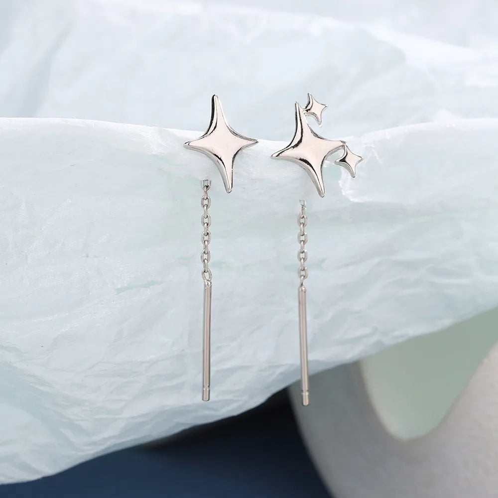 Sterling Silver Star Drop Earrings – Elegant Tassel Chain Design