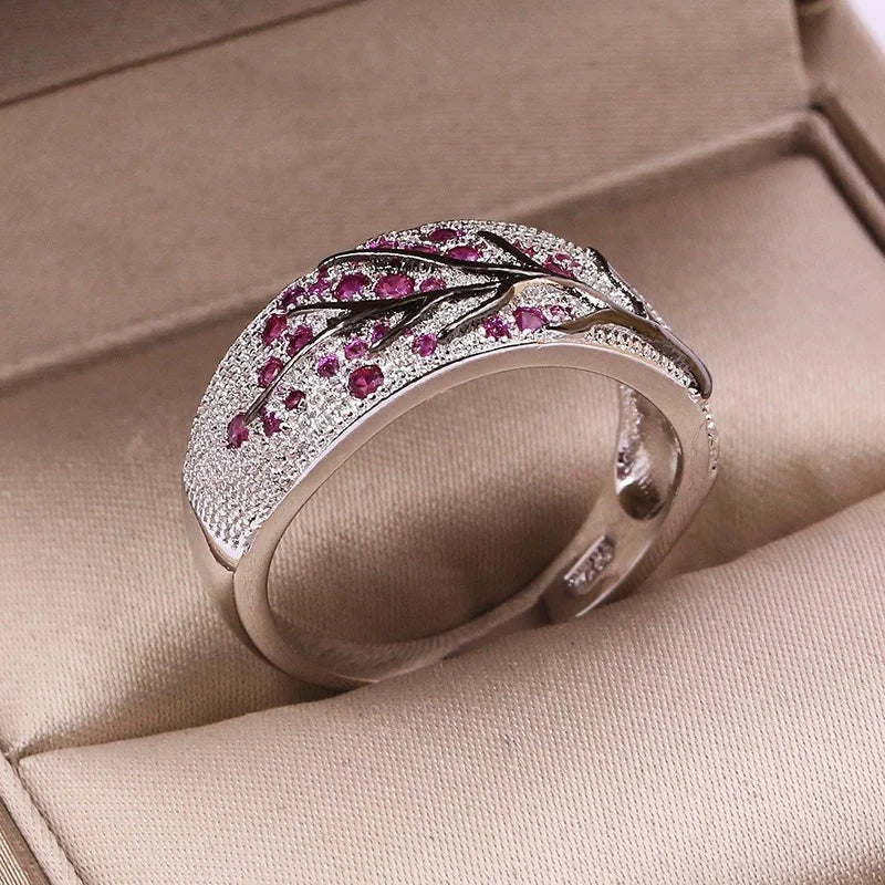 Luxury Plum Blossom Branch Ring – Silver Color with Cubic Zirconia Stones