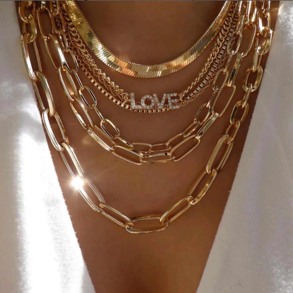 Vintage Gold Stacking Necklace – Multi-Layer Crystal Pendants