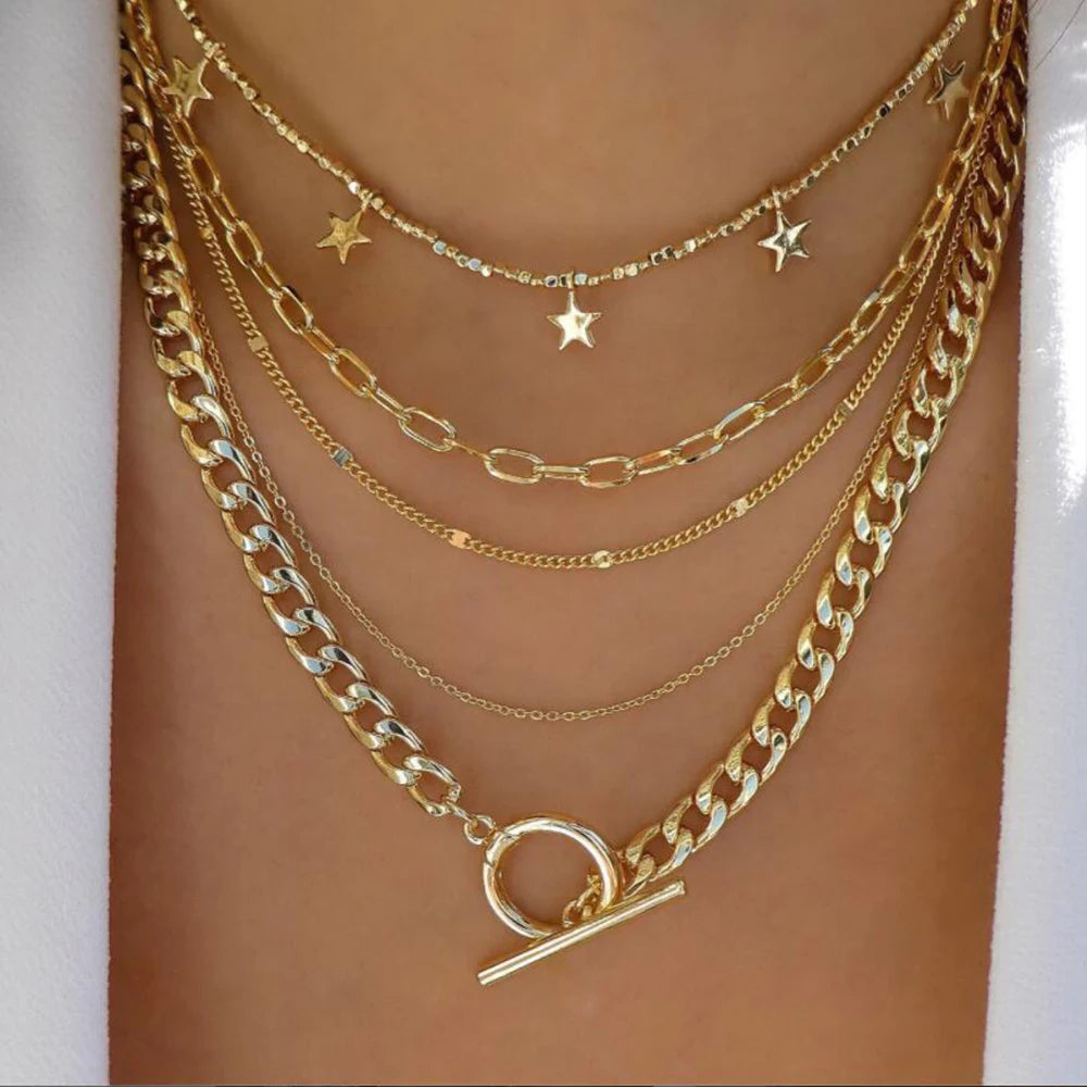 Vintage Gold Stacking Necklace – Multi-Layer Crystal Pendants