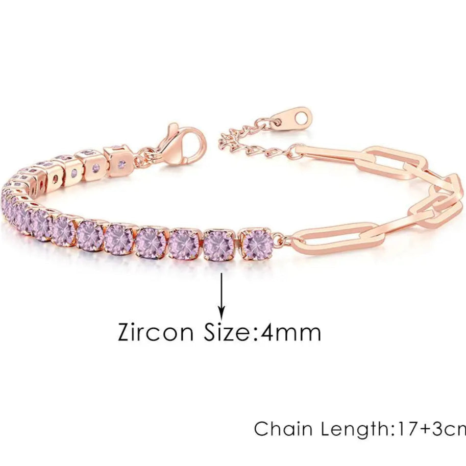 Platinum Pink Crystal Tennis Bracelet – Adjustable Zirconia Chain