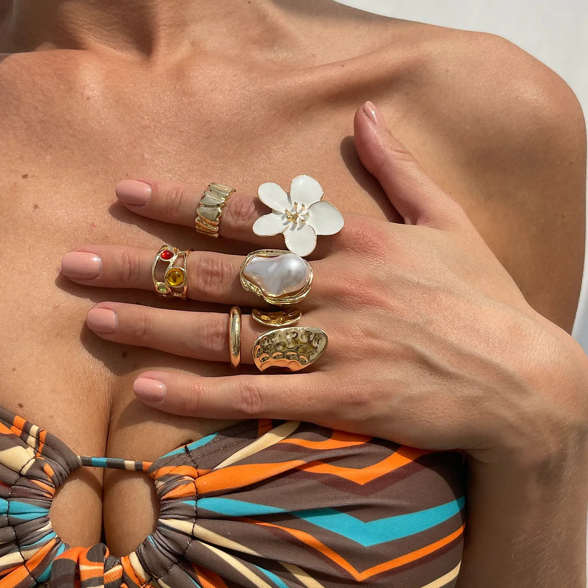 Vintage Baroque Pearl & Flower Ring Set – Gold & Silver Geometric Knuckle and Joint Rings
