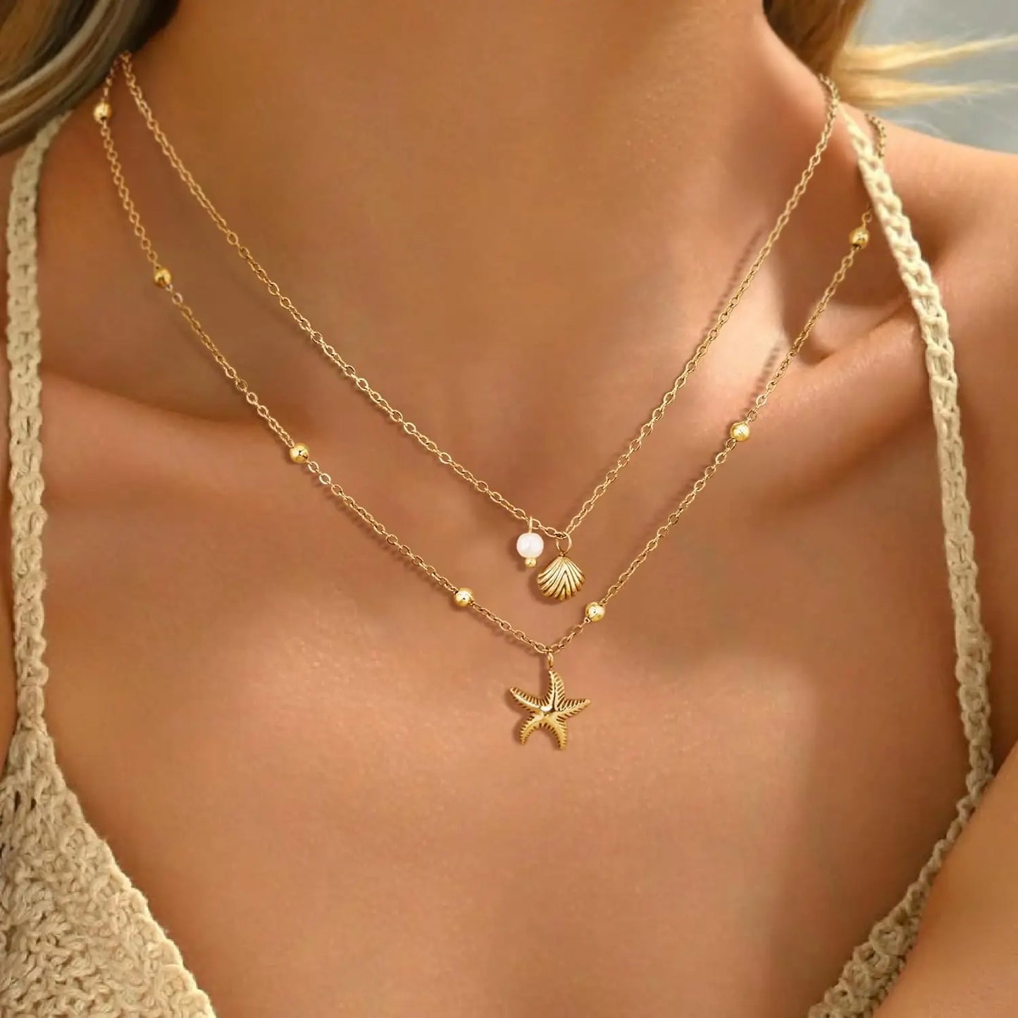 Coastal Charm Necklace – 14K Gold Plated Layers with Starfish, Conch & Pearl Accents