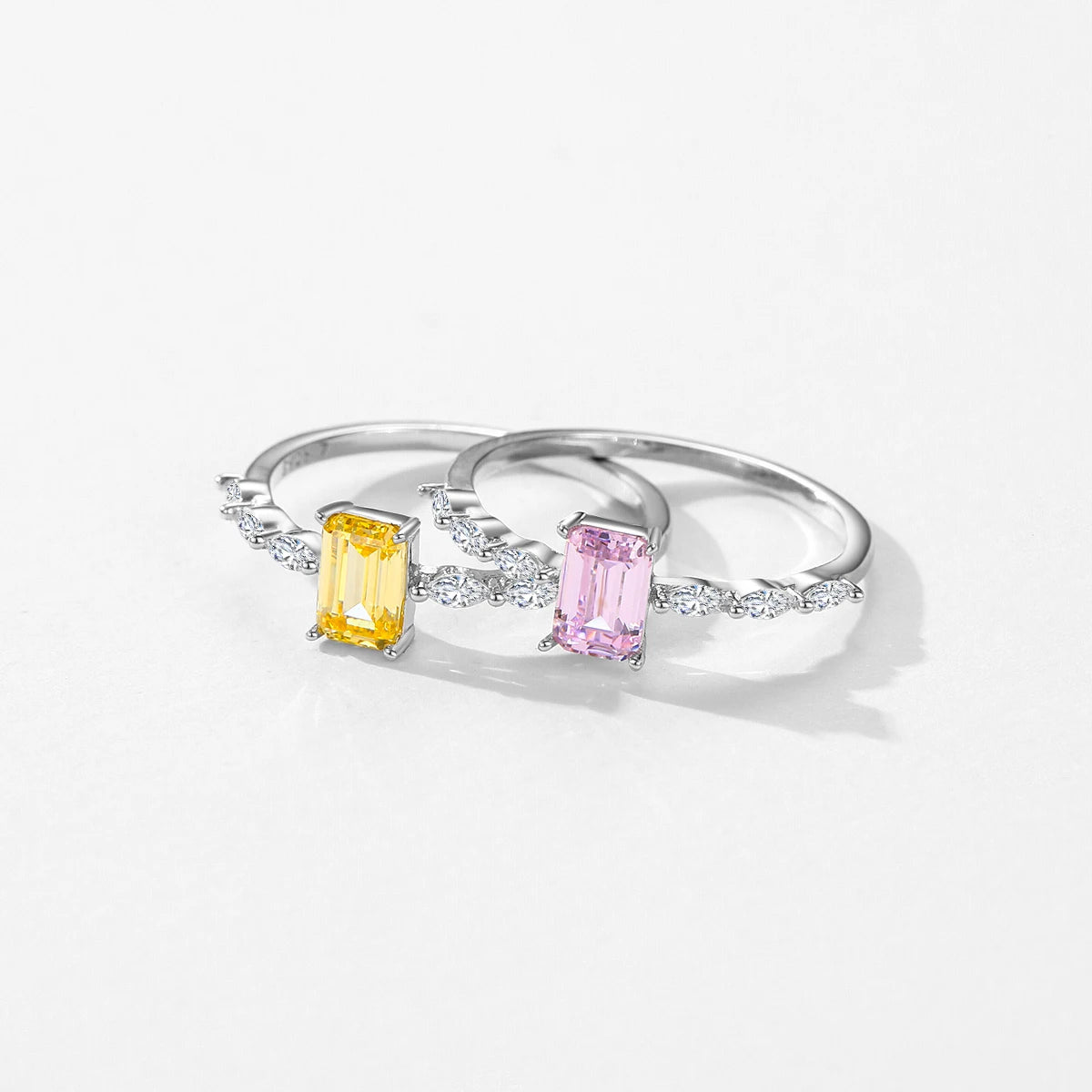 Exquisite Emerald-Cut Pink or Yellow Zirconia Ring in Pure 925 Sterling Silver