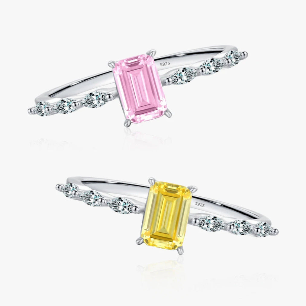 Exquisite Emerald-Cut Pink or Yellow Zirconia Ring in Pure 925 Sterling Silver