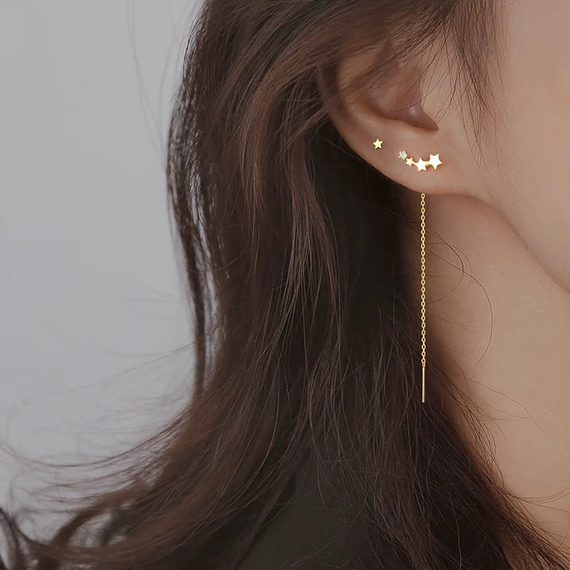 Sterling Silver Star Drop Earrings – Elegant Tassel Chain Design