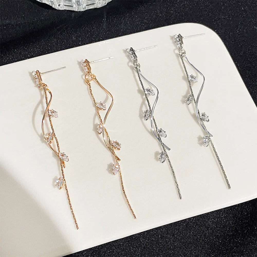 Korean Luxury Tassel Earrings – Twisted Zircon Dangle Design in Gold-Tone Finish