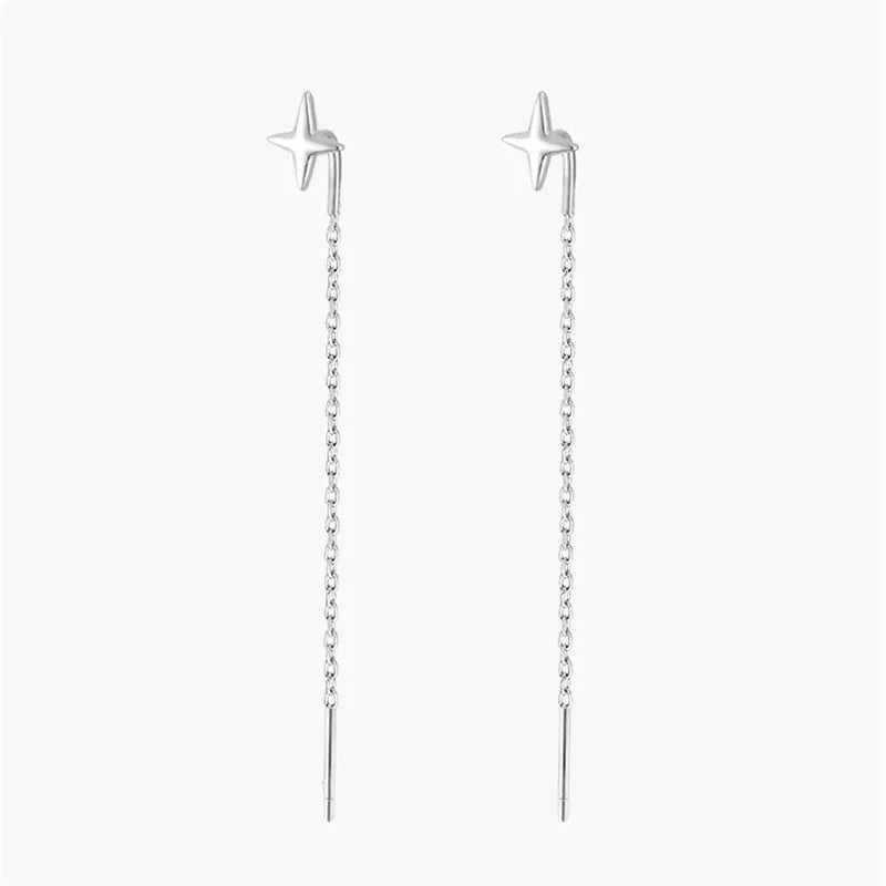 Sterling Silver Star Drop Earrings – Elegant Tassel Chain Design