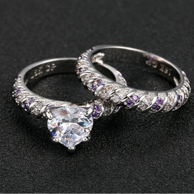 Silver Heart-Shaped Ring Set – 2 Pieces with Cubic Zirconia