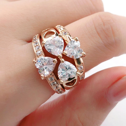 3-Piece Rose Gold Stacking Ring Set – Heart & Flower Crystal Rings for Women