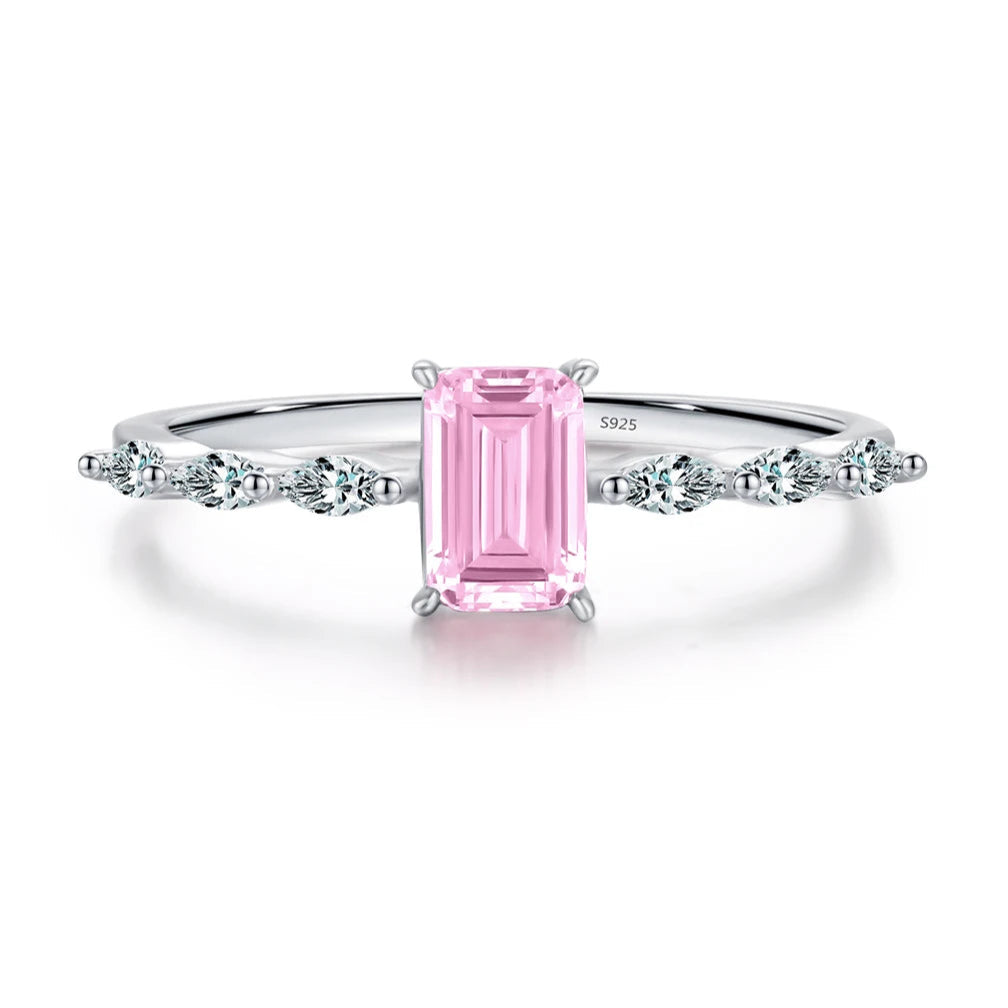 Exquisite Emerald-Cut Pink or Yellow Zirconia Ring in Pure 925 Sterling Silver