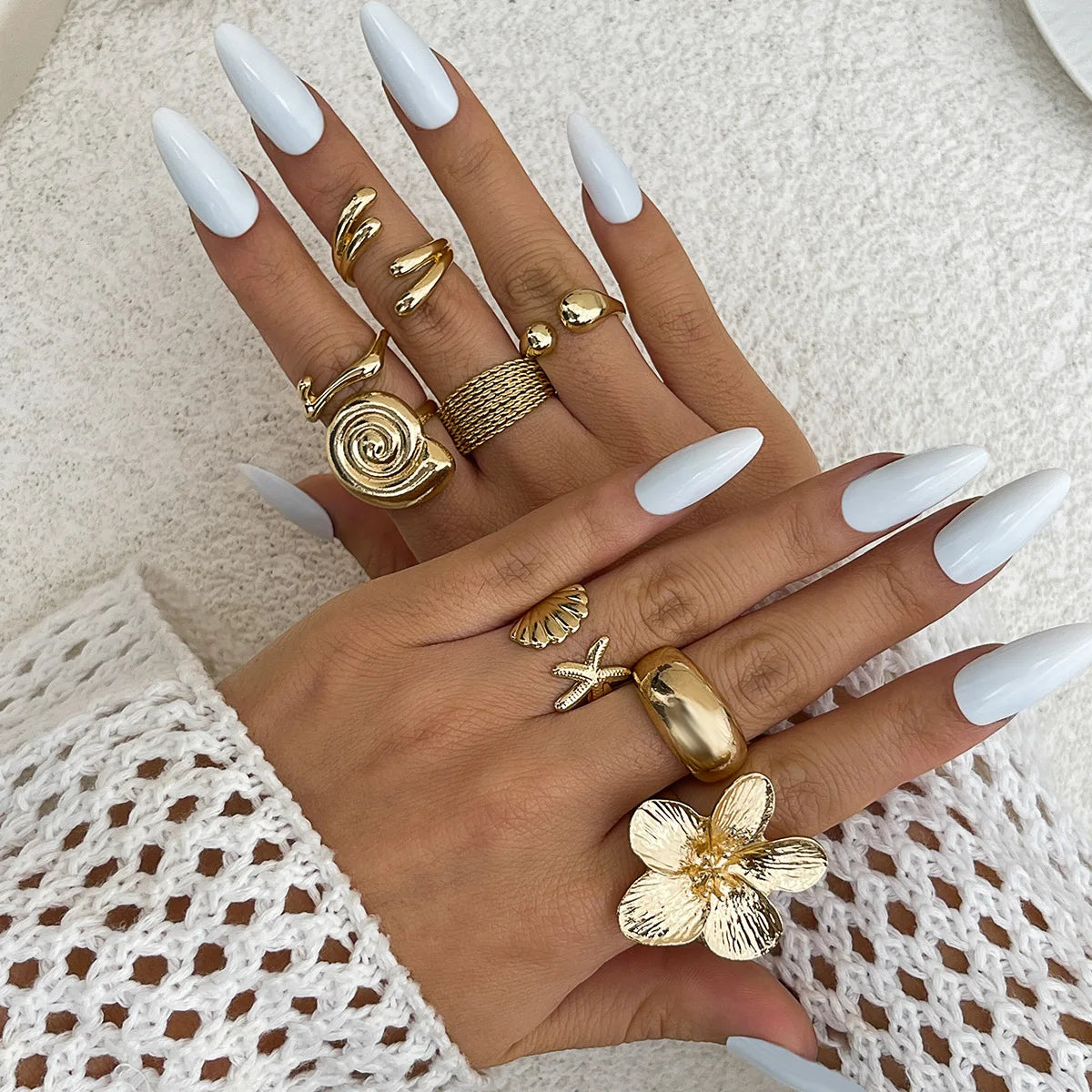 Bohemian Gold & Silver Starfish Flower Knuckle 8 Rings – Vintage Beach Style Set
