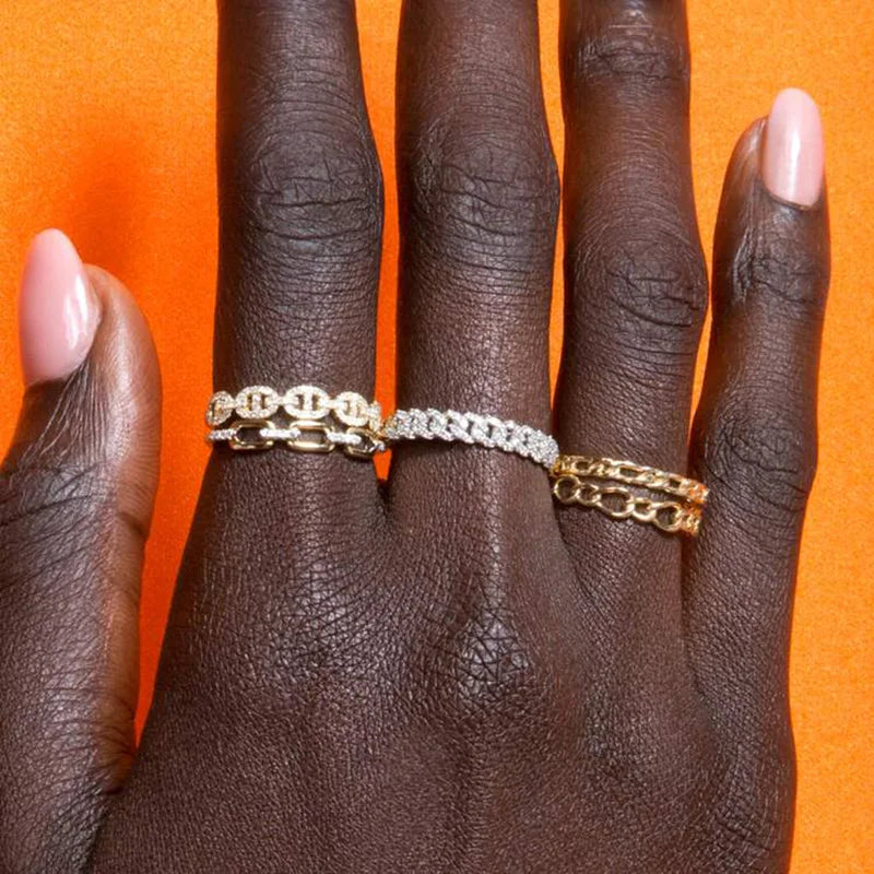 Iced Out Cuban Chain Link Ring – Stacking Gold Color Zircon Ring