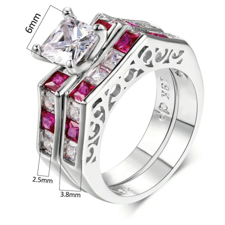 Luxury Square Pink CZ Ring Set – 2-Piece Silver-Tone Cocktail Rings