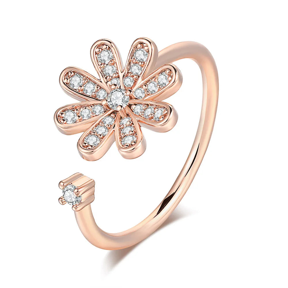 Chic Flower Finger Ring – Rose Gold Tone with Sparkling Gem
