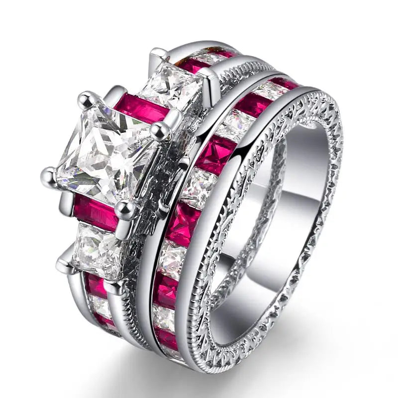 Luxury 2-Piece Ring Set – Silver Color Square Green Cubic Zirconia Rings