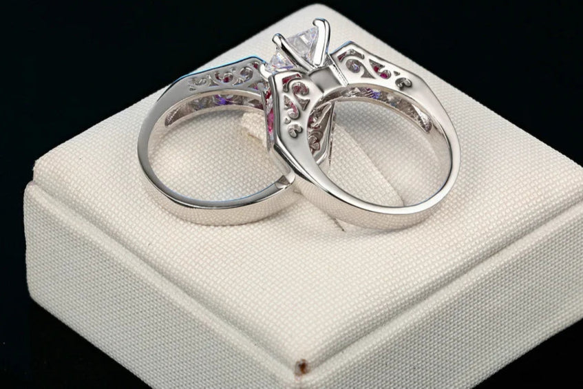 Luxury Square Pink CZ Ring Set – 2-Piece Silver-Tone Cocktail Rings