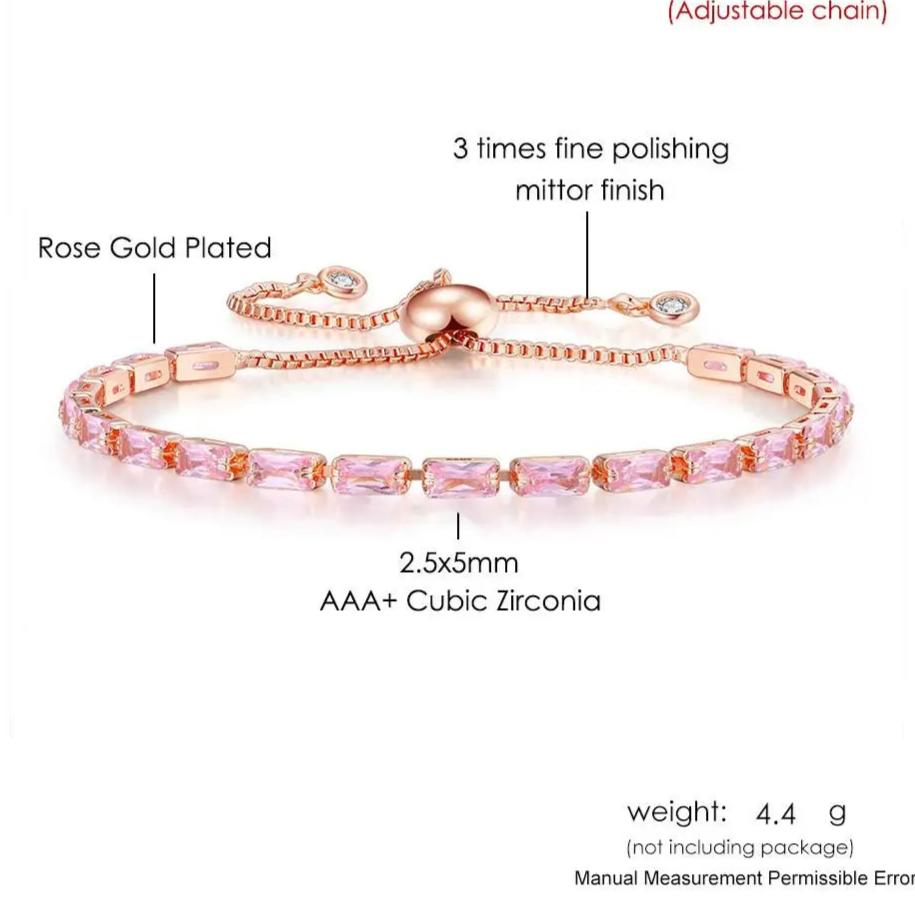 Platinum Pink Crystal Tennis Bracelet – Adjustable Zirconia Chain
