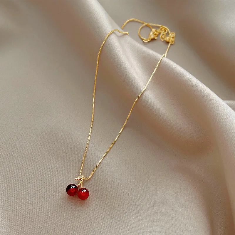 Golden Rouge Cherry Pendant Necklace in Stainless Steel