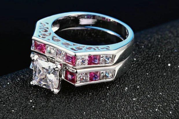 Luxury Square Pink CZ Ring Set – 2-Piece Silver-Tone Cocktail Rings