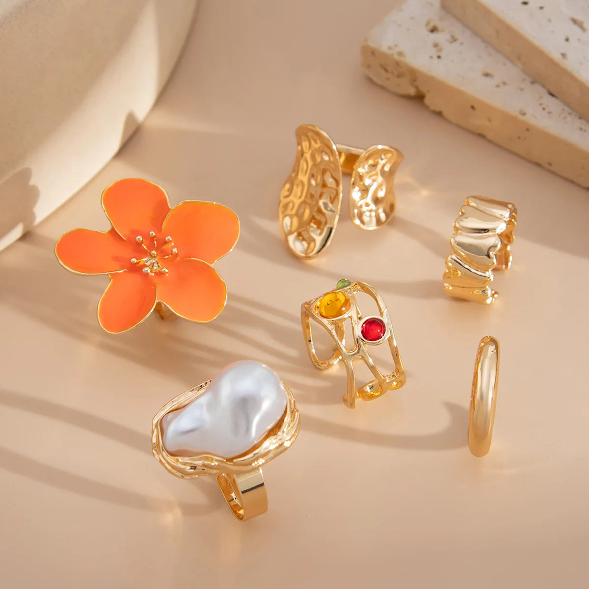 Vintage Baroque Pearl & Flower Ring Set – Gold & Silver Geometric Knuckle and Joint Rings